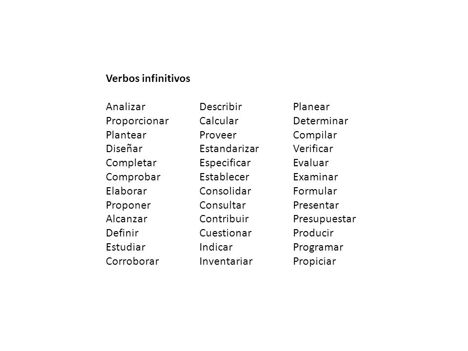 Verbos infinitivos Analizar Describir Planear Proporcionar Calcular Determinar Plantear Proveer Compilar.