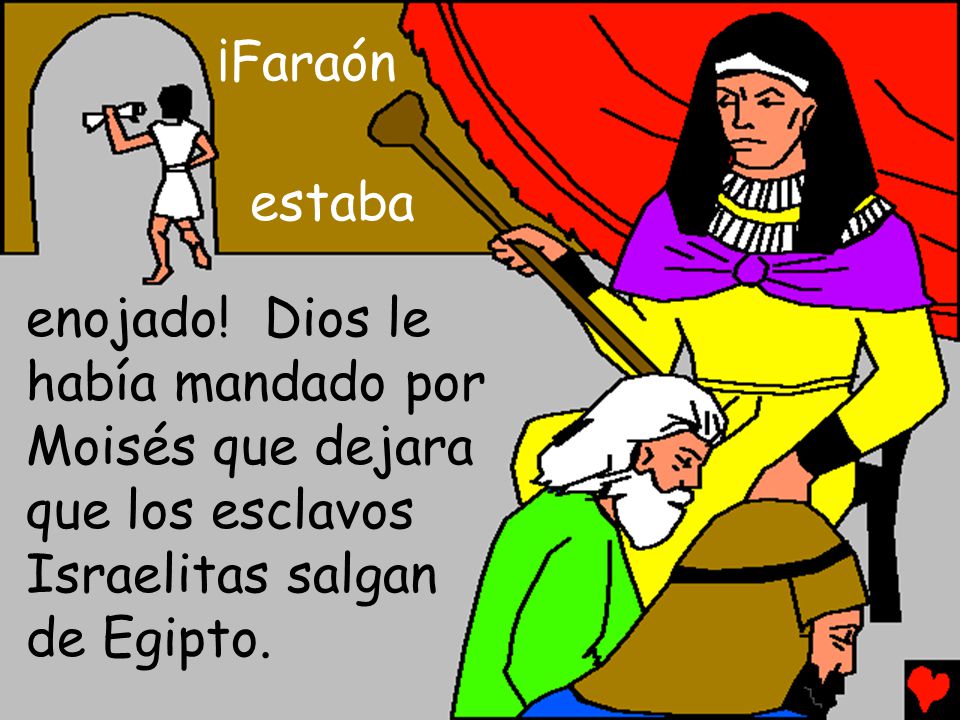 ¡Faraón estaba. enojado! Dios le. había mandado por Moisés que dejara. que los esclavos. Israelitas salgan.