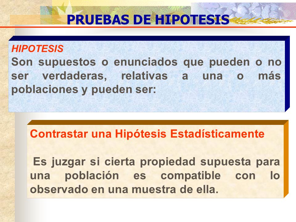 PRUEBAS DE HIPOTESIS HIPOTESIS. Son supuestos o enunciados que pueden o no ser verdaderas, relativas a una o más poblaciones y pueden ser: