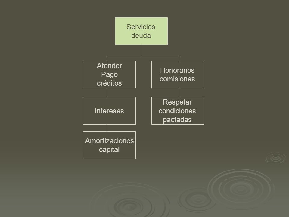 Servicios deuda. Atender. Pago. créditos. Honorarios. comisiones. Intereses. Respetar. condiciones.