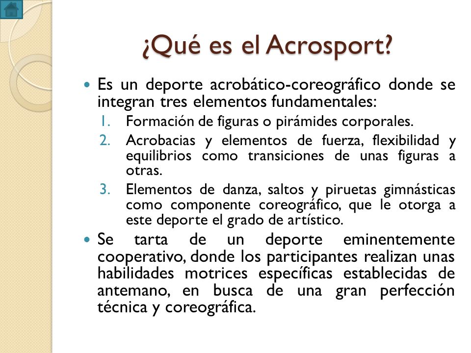 ¿Qué es el Acrosport Es un deporte acrobático-coreográfico donde se integran tres elementos fundamentales: