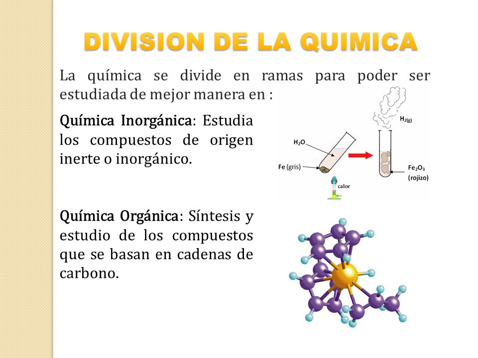 DIVISION DE LA QUIMICA La química se divide en ramas para poder ser estudiada de mejor manera en :