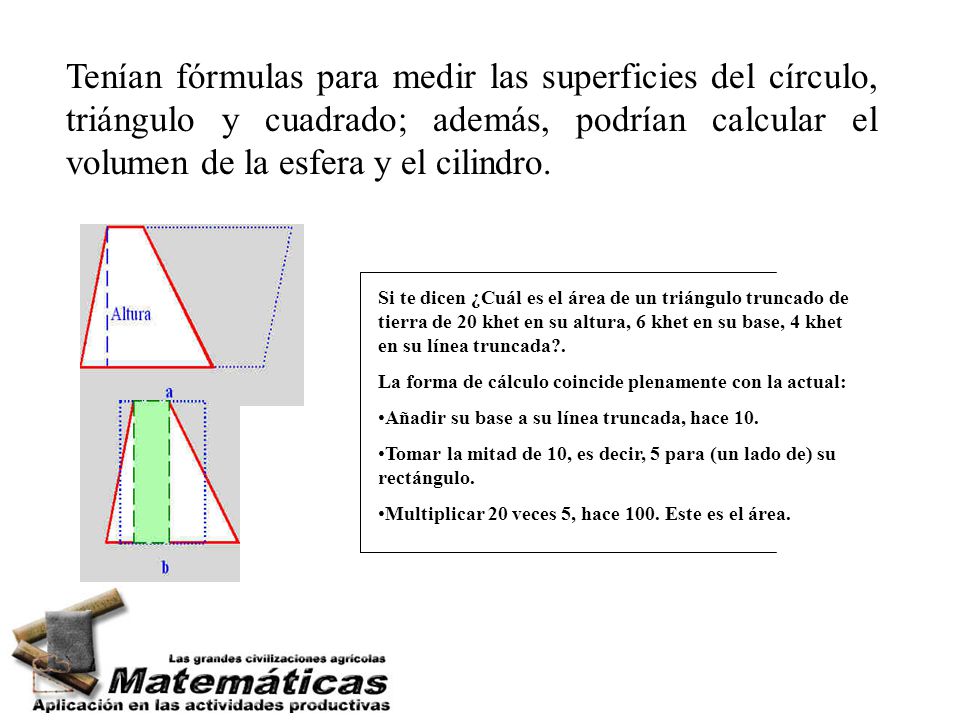 Tenían fórmulas para medir las superficies del círculo, triángulo y cuadrado; además, podrían calcular el volumen de la esfera y el cilindro.