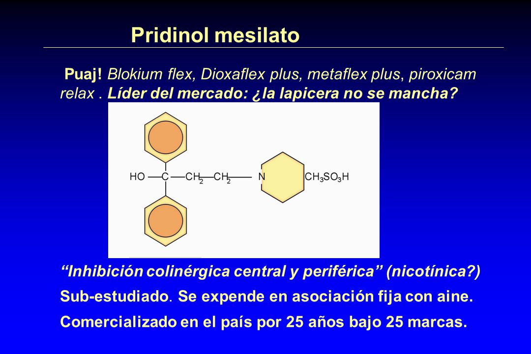 Pridinol mesilato Puaj! Blokium flex, Dioxaflex plus, metaflex plus, piroxicam relax . Líder del mercado: ¿la lapicera no se mancha