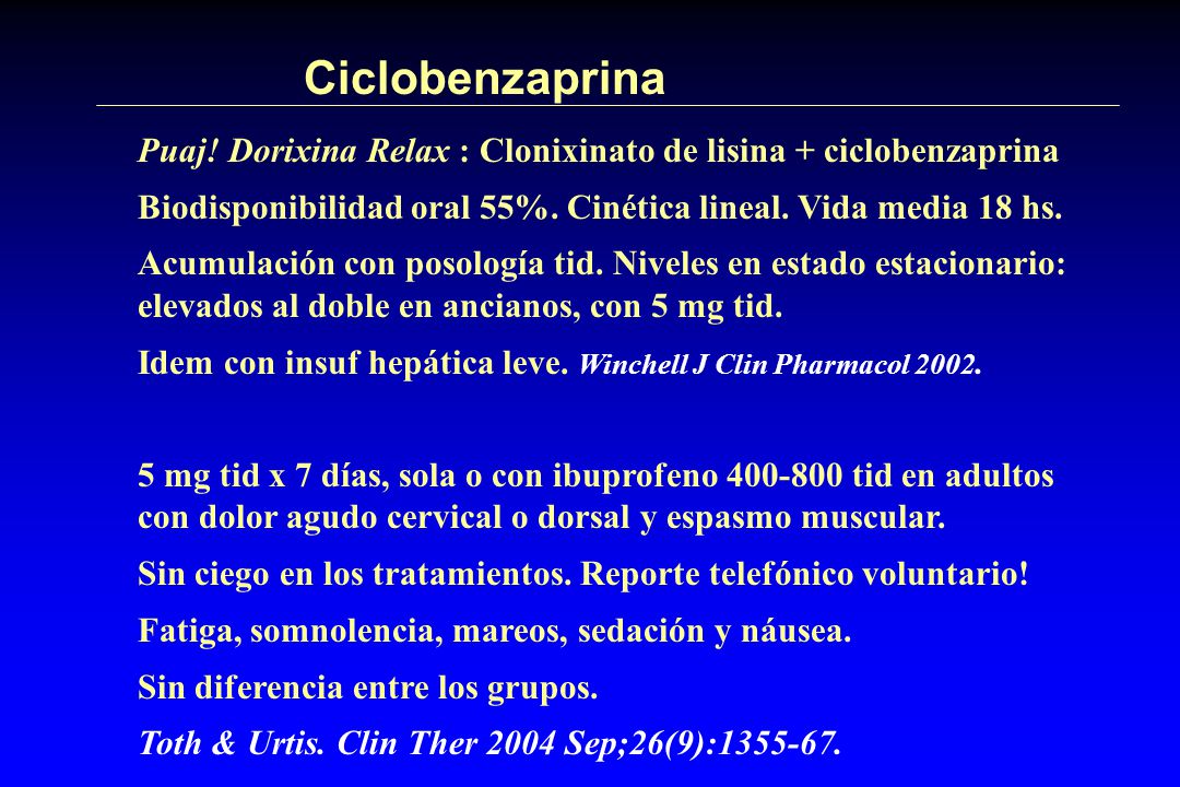 Ciclobenzaprina Puaj! Dorixina Relax : Clonixinato de lisina + ciclobenzaprina. Biodisponibilidad oral 55%. Cinética lineal. Vida media 18 hs.