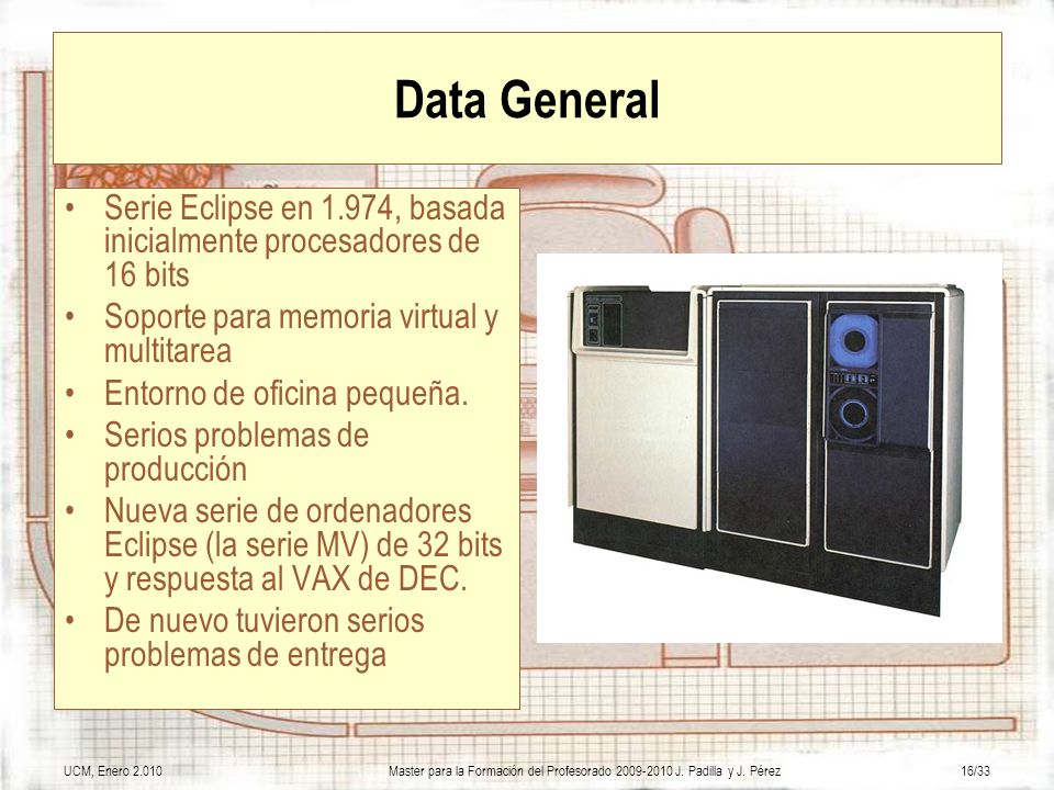 Data General Serie Eclipse en 1.974, basada inicialmente procesadores de 16 bits. Soporte para memoria virtual y multitarea.