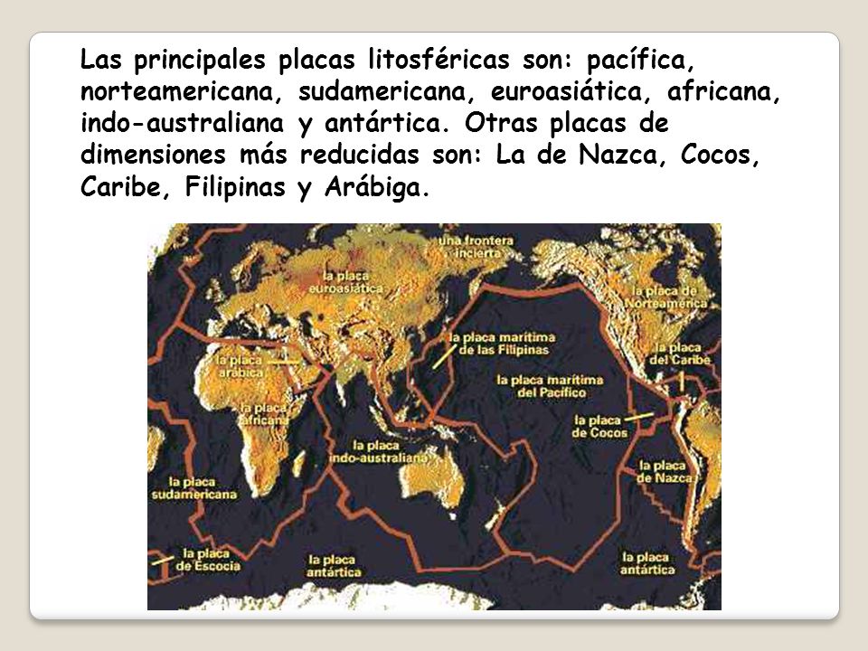 Las principales placas litosféricas son: pacífica, norteamericana, sudamericana, euroasiática, africana, indo-australiana y antártica.