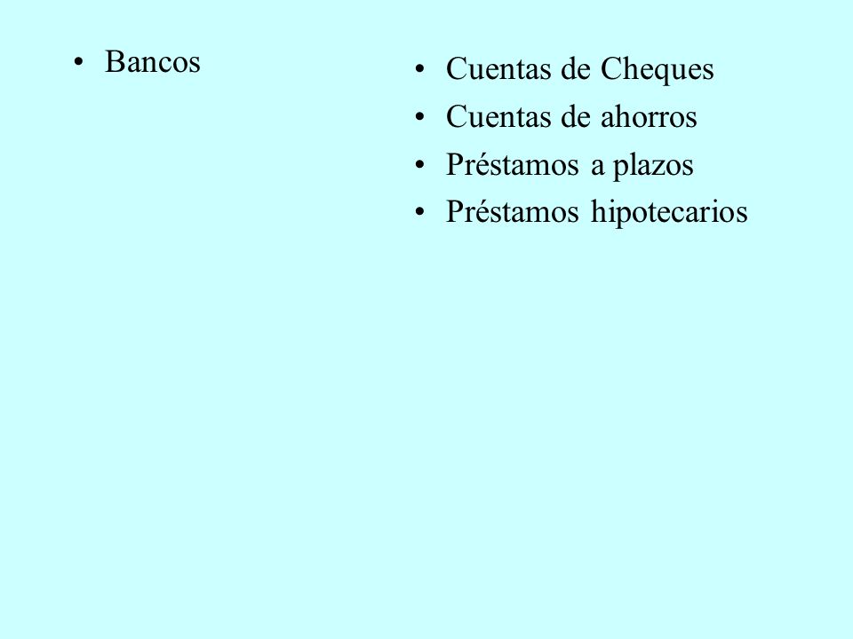 Bancos Cuentas de Cheques Cuentas de ahorros Préstamos a plazos Préstamos hipotecarios