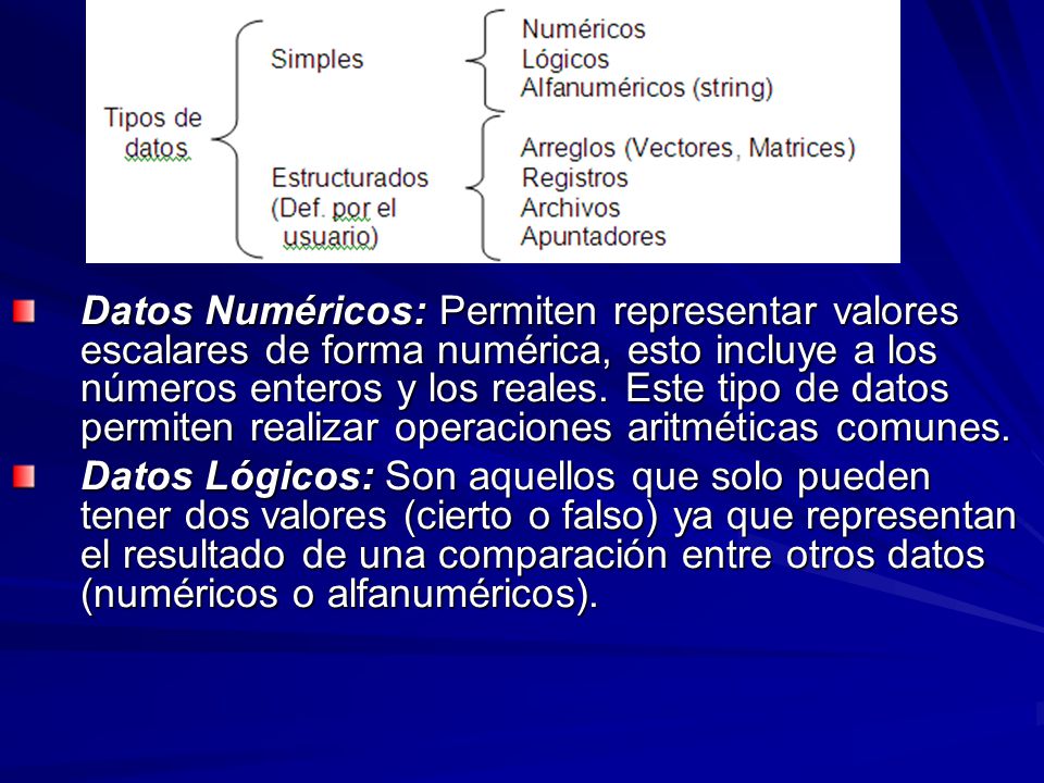 Datos Numéricos: Permiten representar valores escalares de forma numérica, esto incluye a los números enteros y los reales. Este tipo de datos permiten realizar operaciones aritméticas comunes.