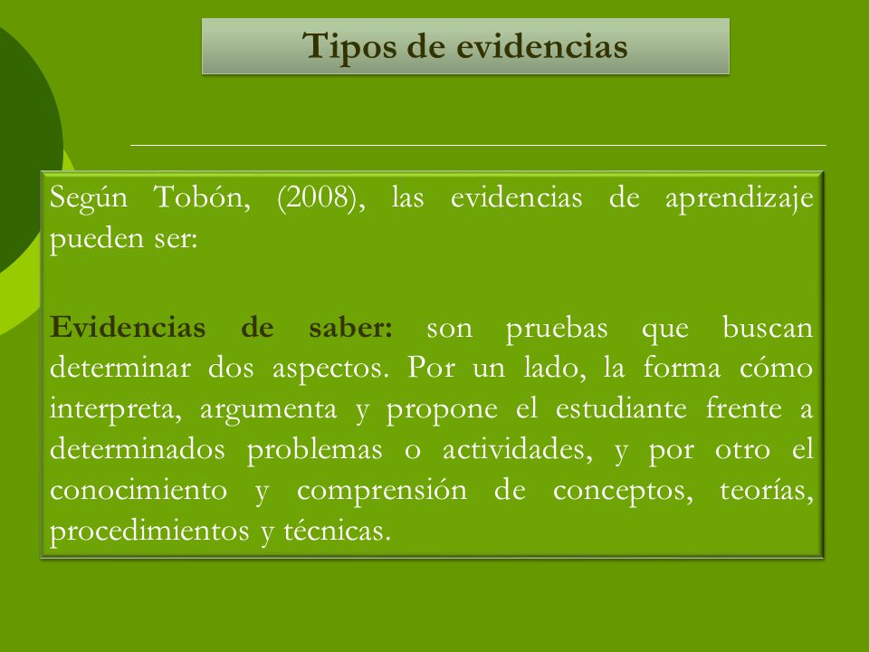 Tipos de evidencias Según Tobón, (2008), las evidencias de aprendizaje pueden ser: