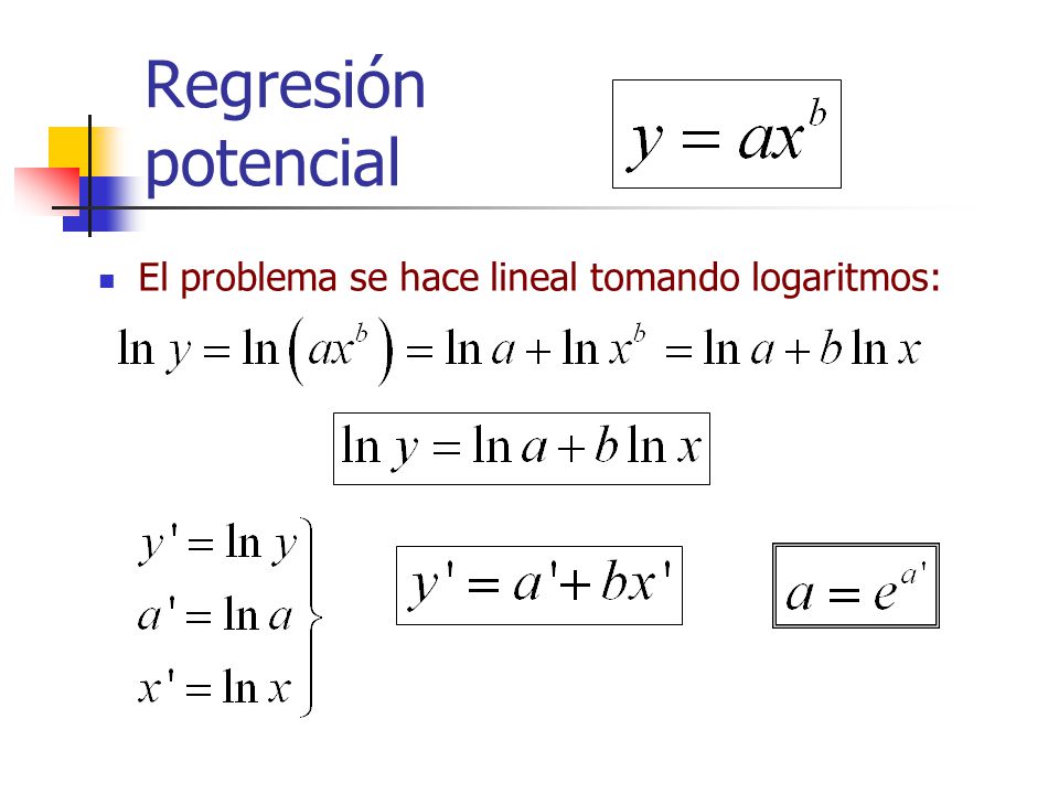 Regresión potencial El problema se hace lineal tomando logaritmos: