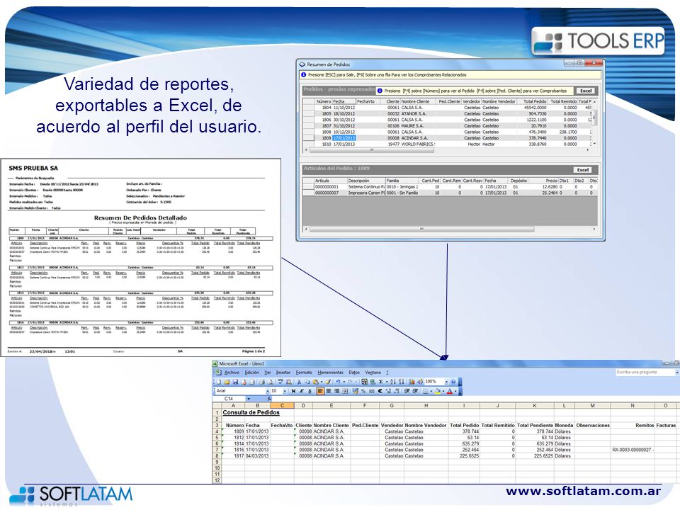 Variedad de reportes, exportables a Excel, de acuerdo al perfil del usuario.