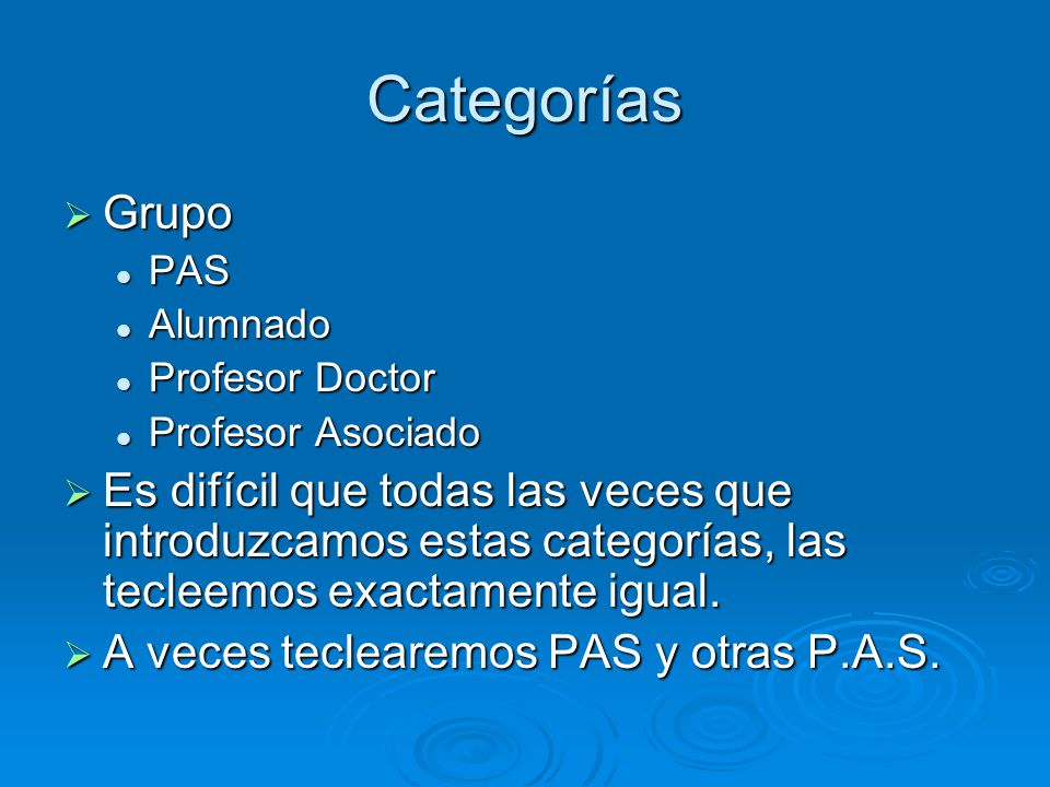 Categorías Grupo. PAS. Alumnado. Profesor Doctor. Profesor Asociado.