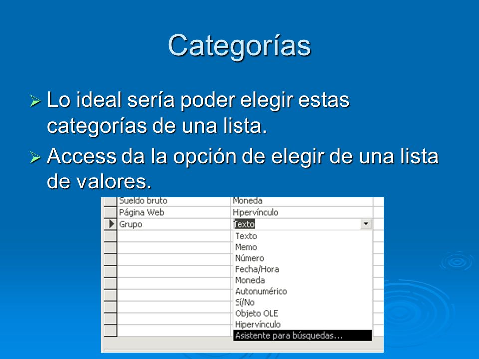 Categorías Lo ideal sería poder elegir estas categorías de una lista.