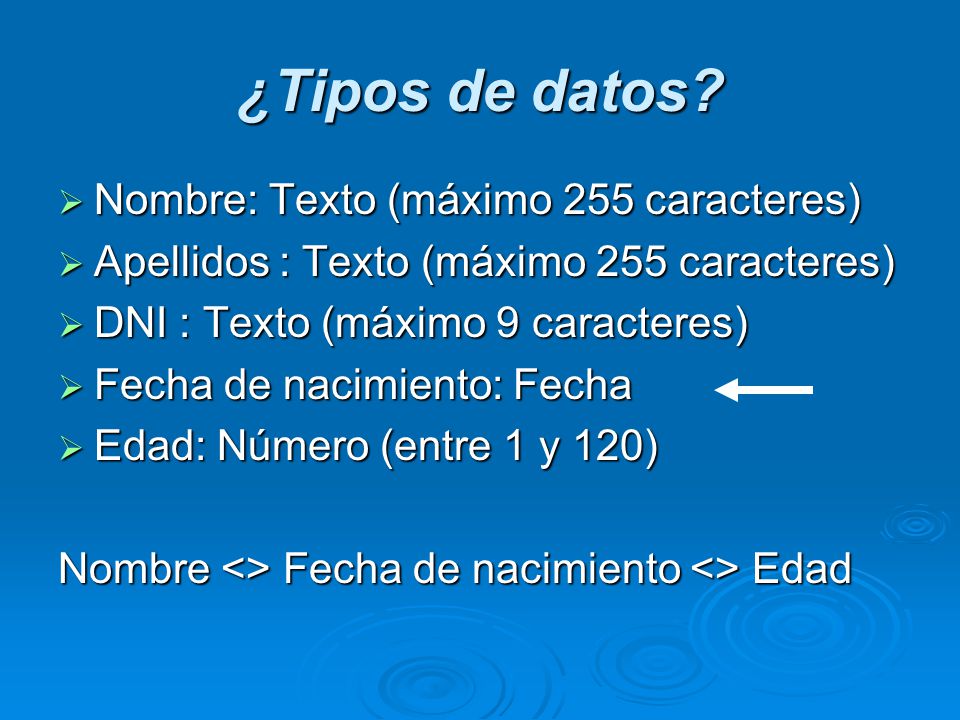 ¿Tipos de datos Nombre: Texto (máximo 255 caracteres)