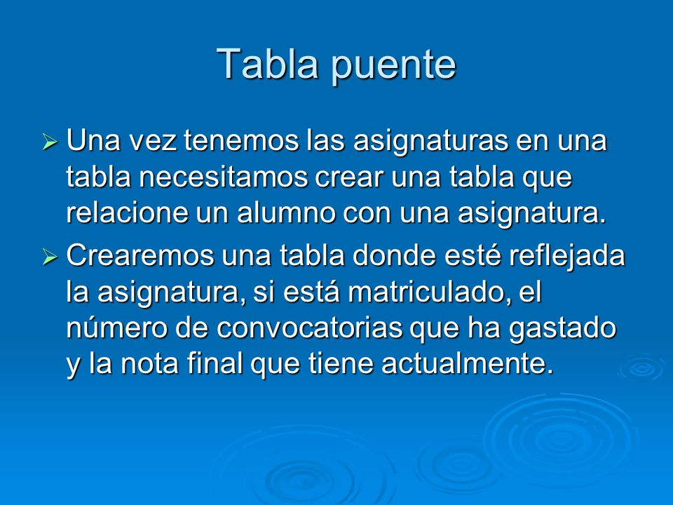 Tabla puente Una vez tenemos las asignaturas en una tabla necesitamos crear una tabla que relacione un alumno con una asignatura.