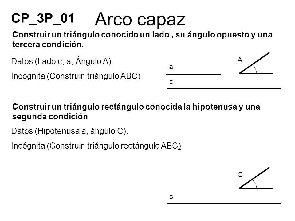 CP_3P_01 Arco capaz. Construir un triángulo conocido un lado , su ángulo opuesto y una tercera condición.