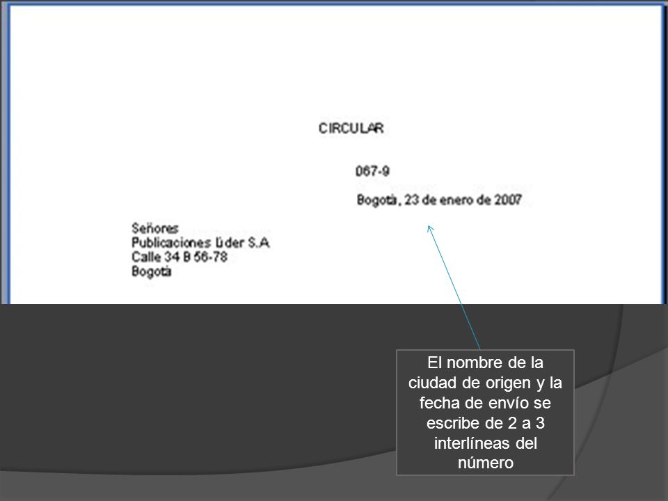 El nombre de la ciudad de origen y la fecha de envío se escribe de 2 a 3 interlíneas del número