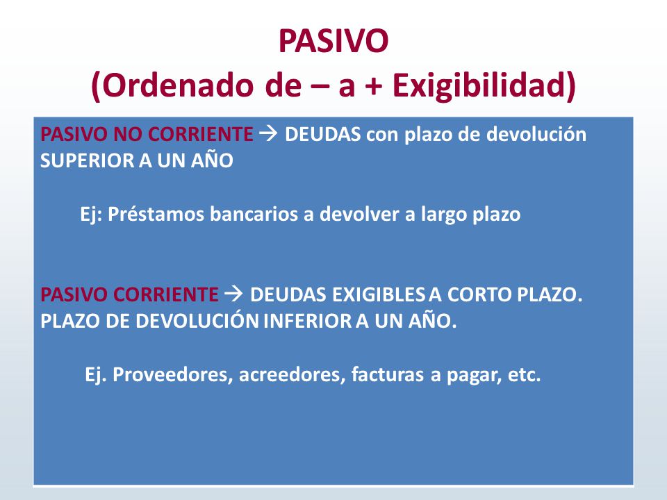 PASIVO (Ordenado de – a + Exigibilidad)