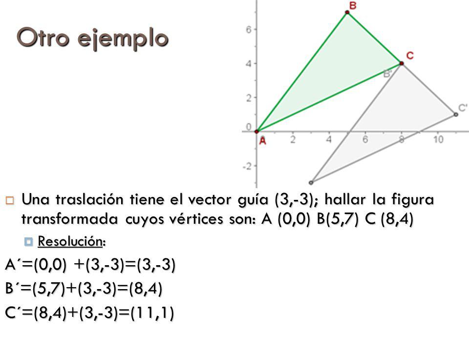 Otro ejemplo Una traslación tiene el vector guía (3,-3); hallar la figura transformada cuyos vértices son: A (0,0) B(5,7) C (8,4)