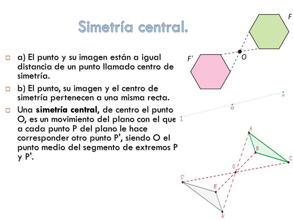 Simetría central. a) El punto y su imagen están a igual distancia de un punto llamado centro de simetría.