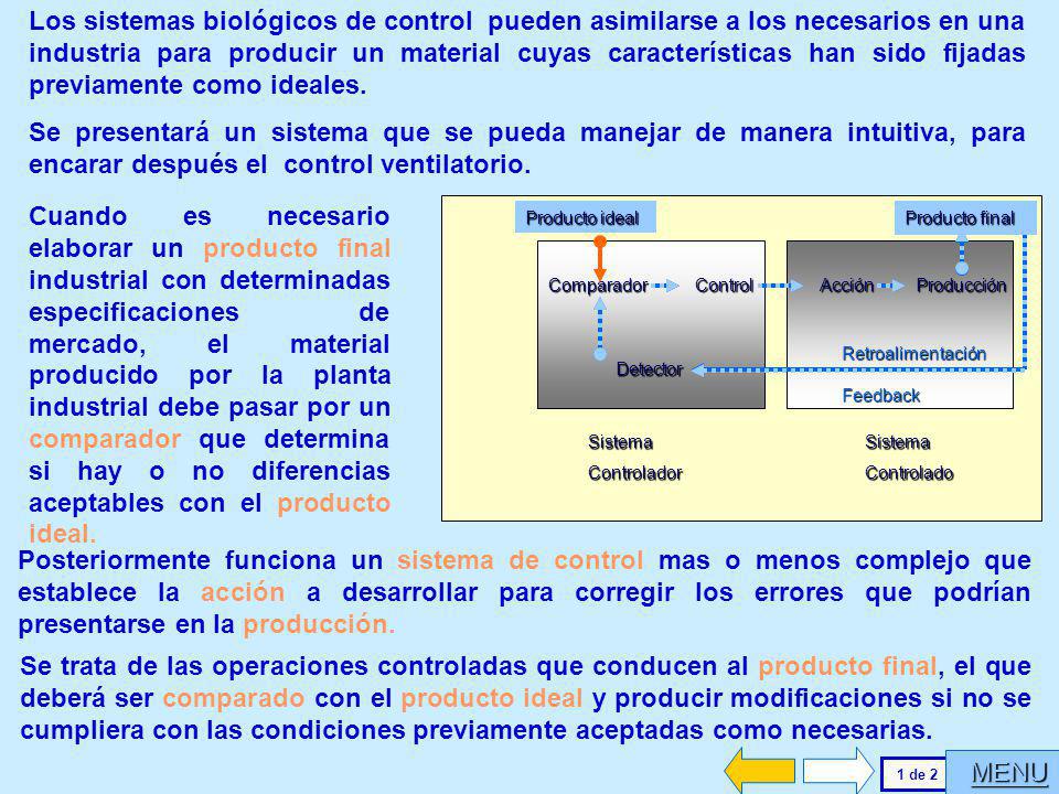 Los sistemas biológicos de control pueden asimilarse a los necesarios en una industria para producir un material cuyas características han sido fijadas previamente como ideales.