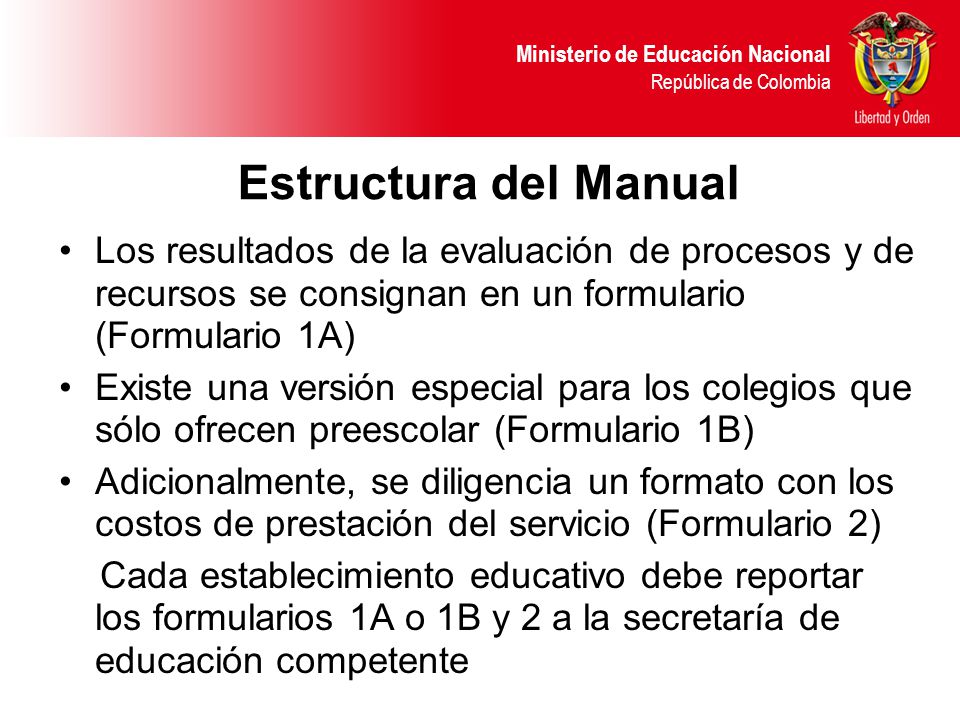 Estructura del Manual Los resultados de la evaluación de procesos y de recursos se consignan en un formulario (Formulario 1A)
