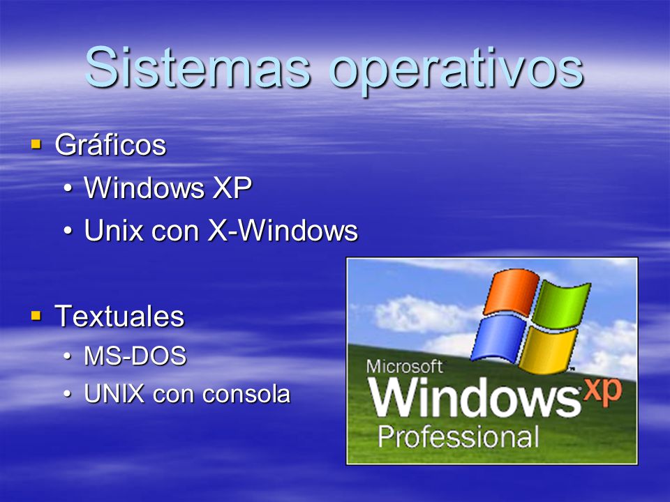 Sistemas operativos Gráficos Windows XP Unix con X-Windows Textuales