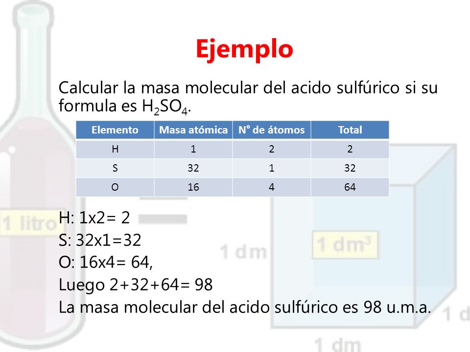 Ejemplo Calcular la masa molecular del acido sulfúrico si su formula es H2SO4. H: 1x2= 2. S: 32x1=32.