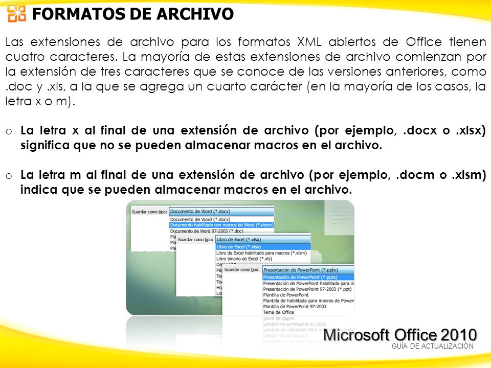 FORMATOS DE ARCHIVO FORMATOS DE ARCHIVO Microsoft Office 2010