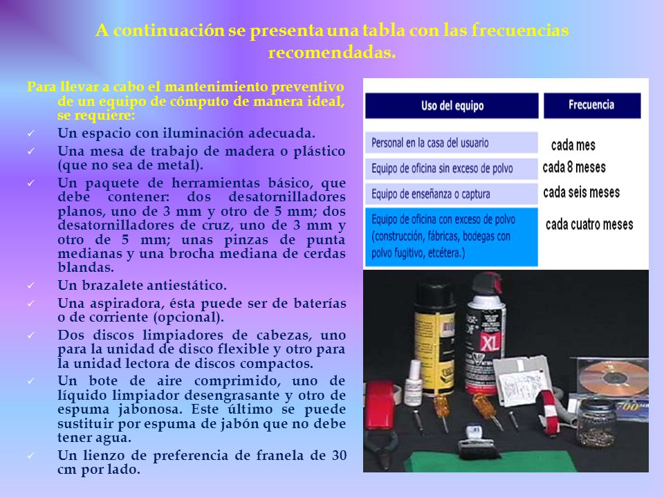 A continuación se presenta una tabla con las frecuencias recomendadas.
