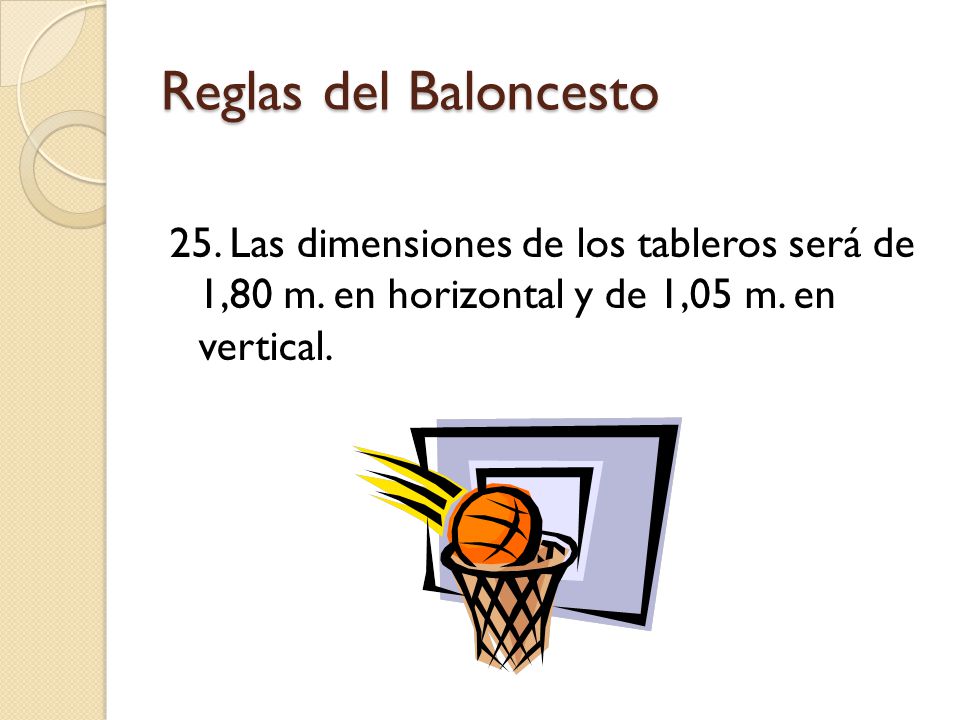 Reglas del Baloncesto 25. Las dimensiones de los tableros será de 1,80 m.