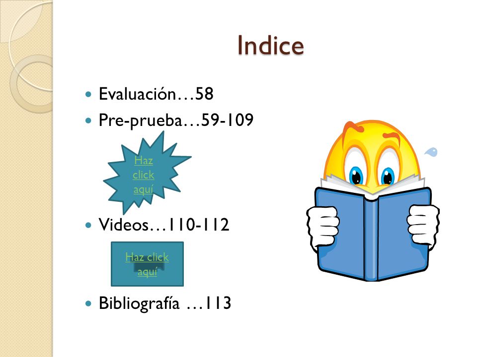 Indice Evaluación…58 Pre-prueba… Videos…