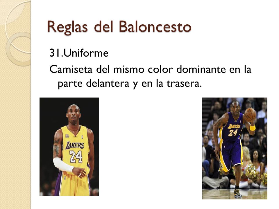 Reglas del Baloncesto 31.Uniforme Camiseta del mismo color dominante en la parte delantera y en la trasera.