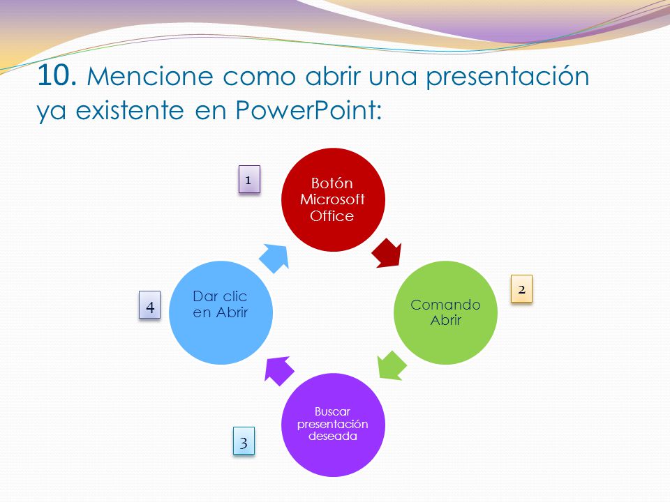 10. Mencione como abrir una presentación ya existente en PowerPoint: