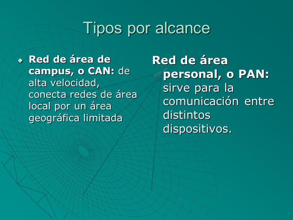 Tipos por alcance Red de área de campus, o CAN: de alta velocidad, conecta redes de área local por un área geográfica limitada.