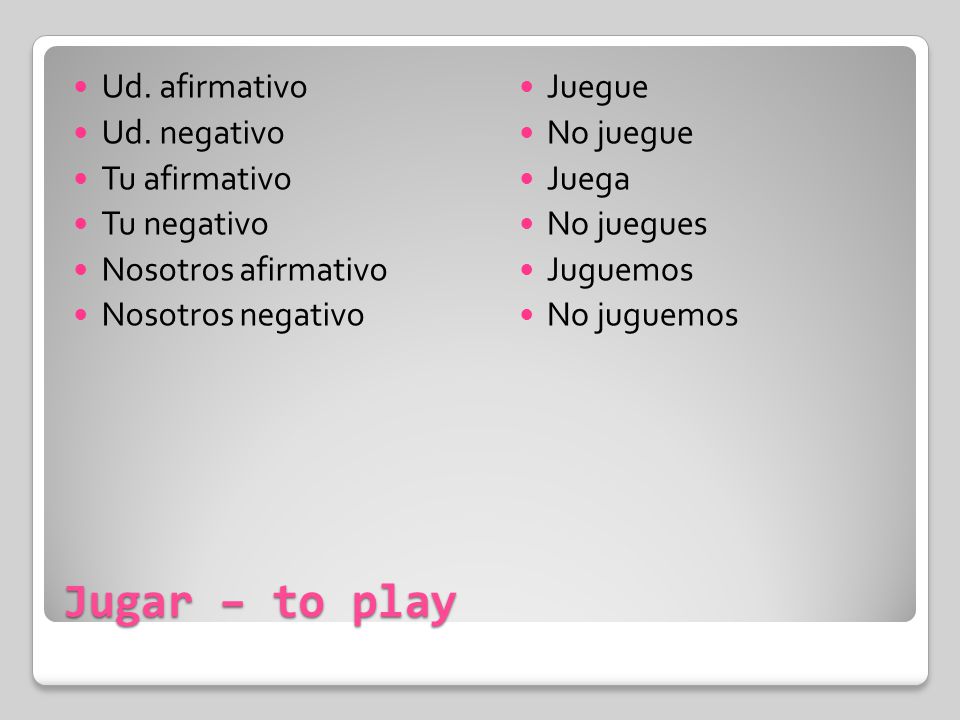 Jugar – to play Ud. afirmativo Ud. negativo Tu afirmativo Tu negativo