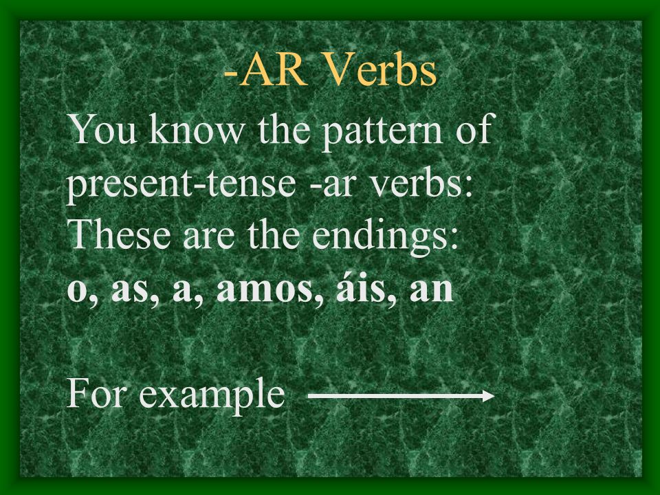 -AR Verbs You know the pattern of present-tense -ar verbs: