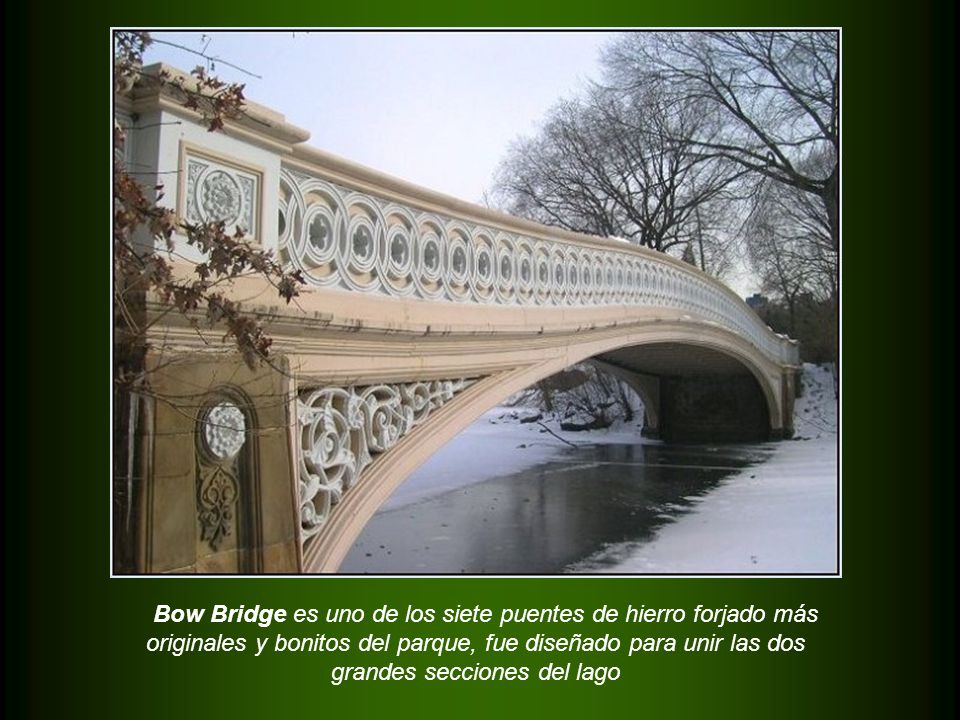 Bow Bridge es uno de los siete puentes de hierro forjado más originales y bonitos del parque, fue diseñado para unir las dos grandes secciones del lago