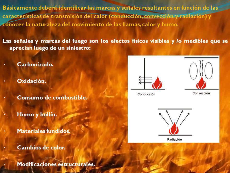 Básicamente deberá identificar las marcas y señales resultantes en función de las características de transmisión del calor (conducción, convección y radiación) y conocer la naturaleza del movimiento de las llamas, calor y humo.