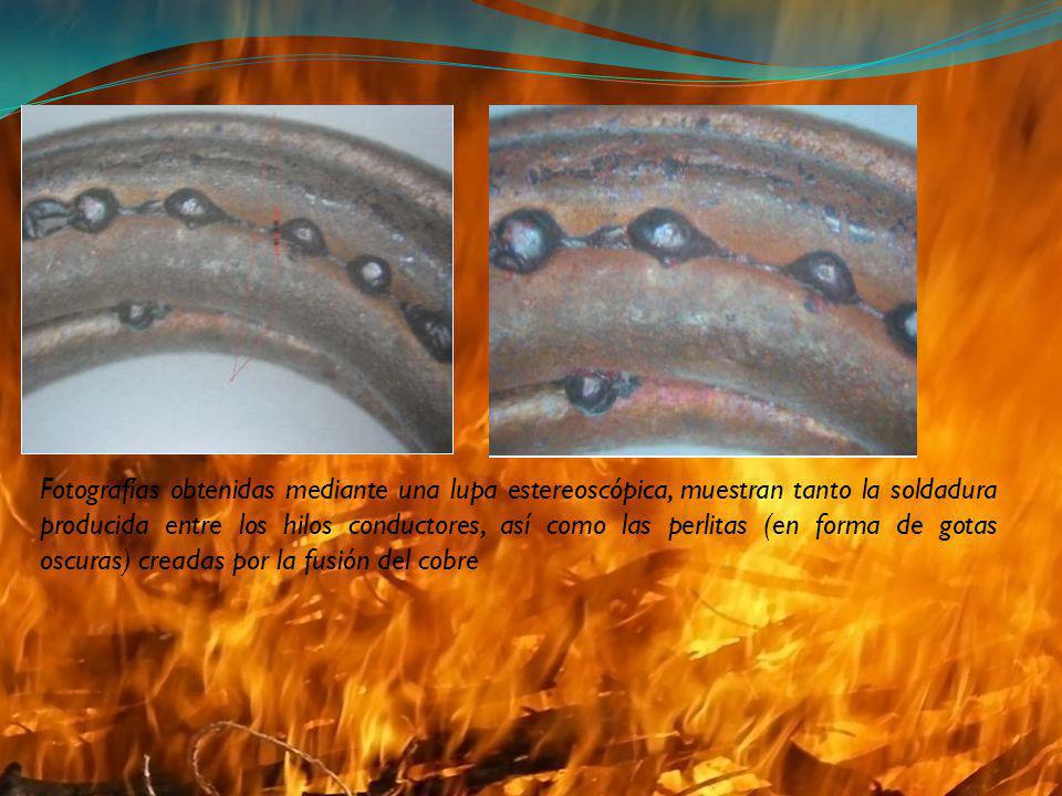Fotografías obtenidas mediante una lupa estereoscópica, muestran tanto la soldadura producida entre los hilos conductores, así como las perlitas (en forma de gotas oscuras) creadas por la fusión del cobre
