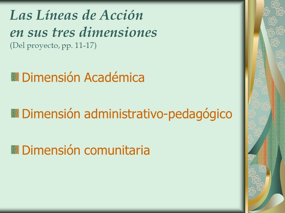 Las Líneas de Acción en sus tres dimensiones (Del proyecto, pp )