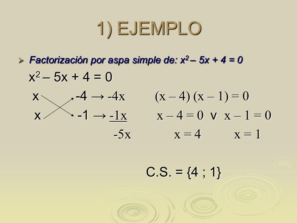 1) EJEMPLO x2 – 5x + 4 = 0 x -4 → -4x (x – 4) (x – 1) = 0