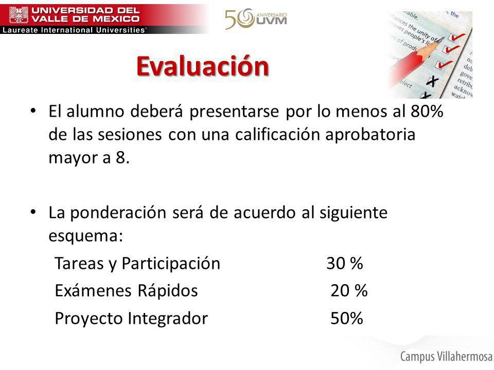 Evaluación El alumno deberá presentarse por lo menos al 80% de las sesiones con una calificación aprobatoria mayor a 8.