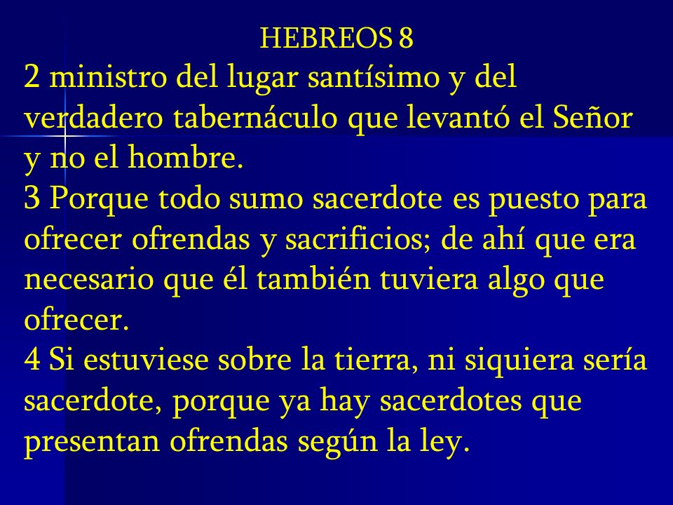 HEBREOS 8 2 ministro del lugar santísimo y del verdadero tabernáculo que levantó el Señor y no el hombre.