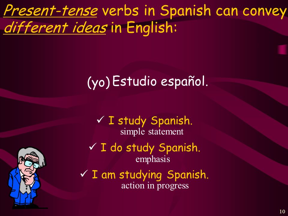 Present-tense verbs in Spanish can convey three different ideas in English: