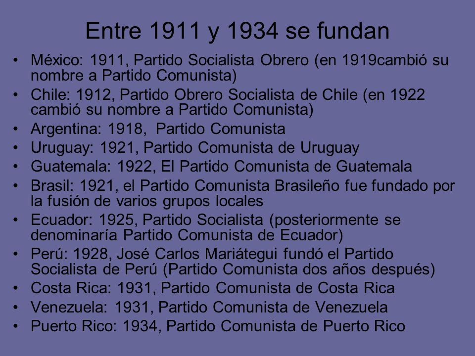 Entre 1911 y 1934 se fundan México: 1911, Partido Socialista Obrero (en 1919cambió su nombre a Partido Comunista)