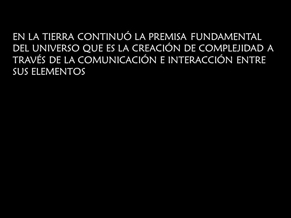 EN LA TIERRA CONTINUÓ LA PREMISA FUNDAMENTAL DEL UNIVERSO QUE ES LA CREACIÓN DE COMPLEJIDAD A TRAVÉS DE LA COMUNICACIÓN E INTERACCIÓN ENTRE SUS ELEMENTOS