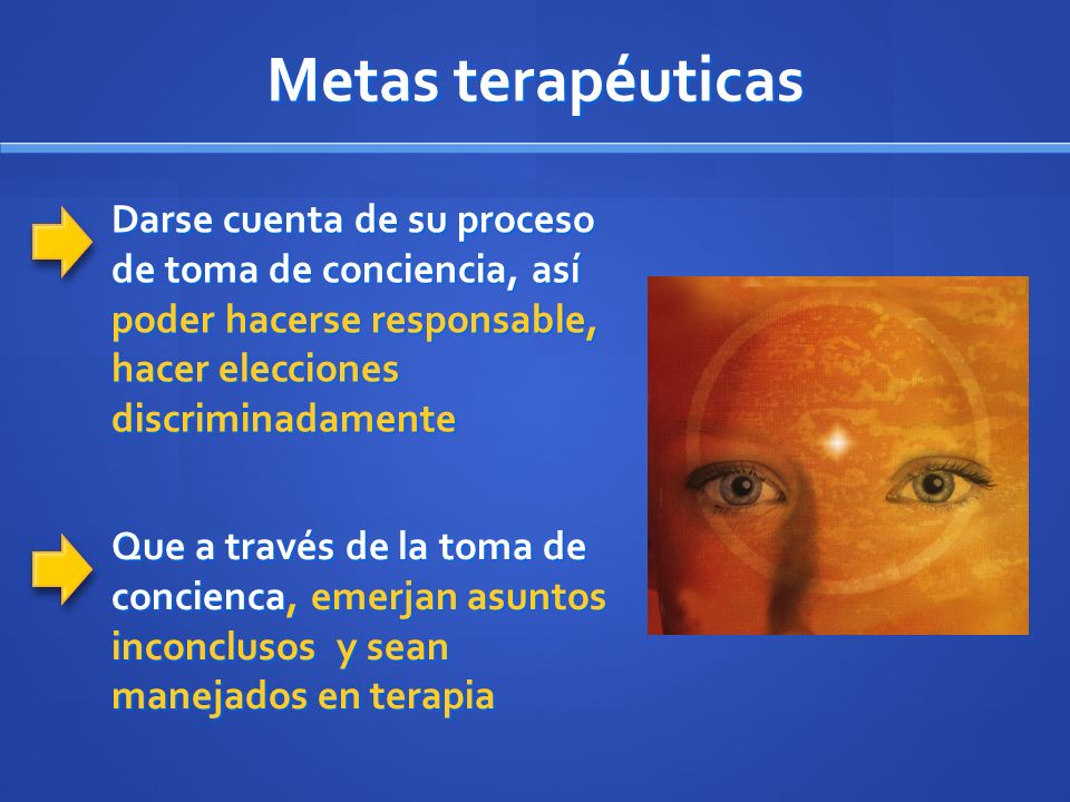 Metas terapéuticas Darse cuenta de su proceso de toma de conciencia, así poder hacerse responsable, hacer elecciones discriminadamente.
