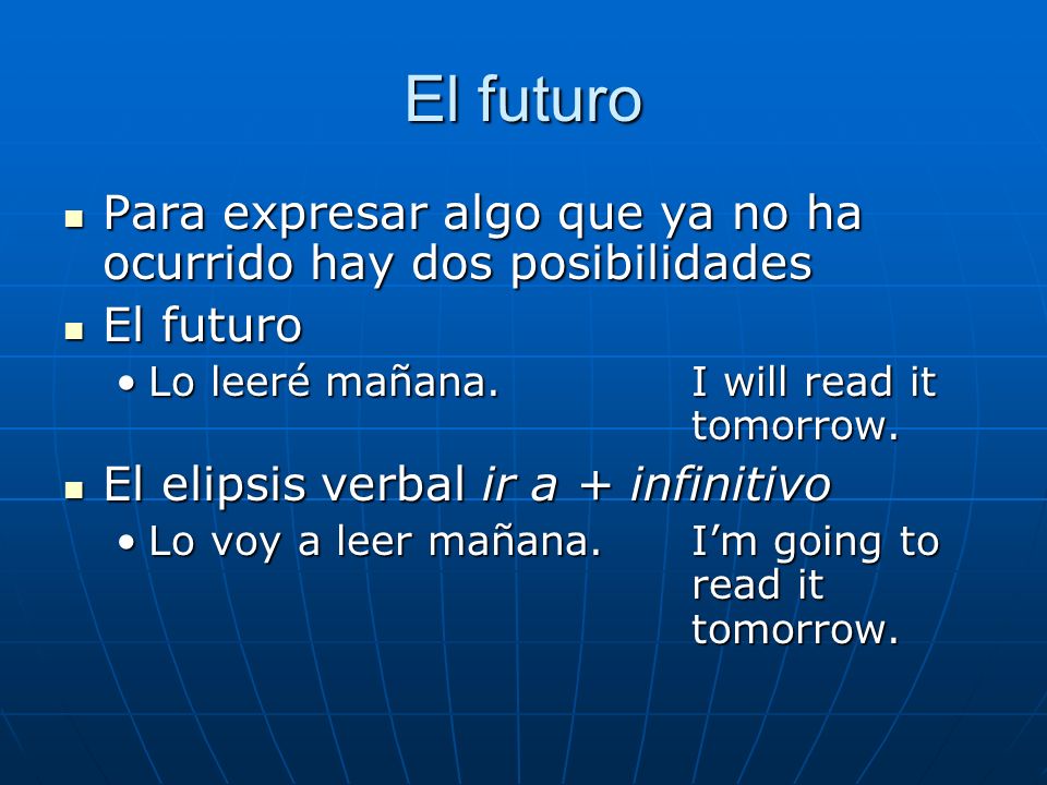 El futuro Para expresar algo que ya no ha ocurrido hay dos posibilidades. El futuro. Lo leeré mañana. I will read it tomorrow.